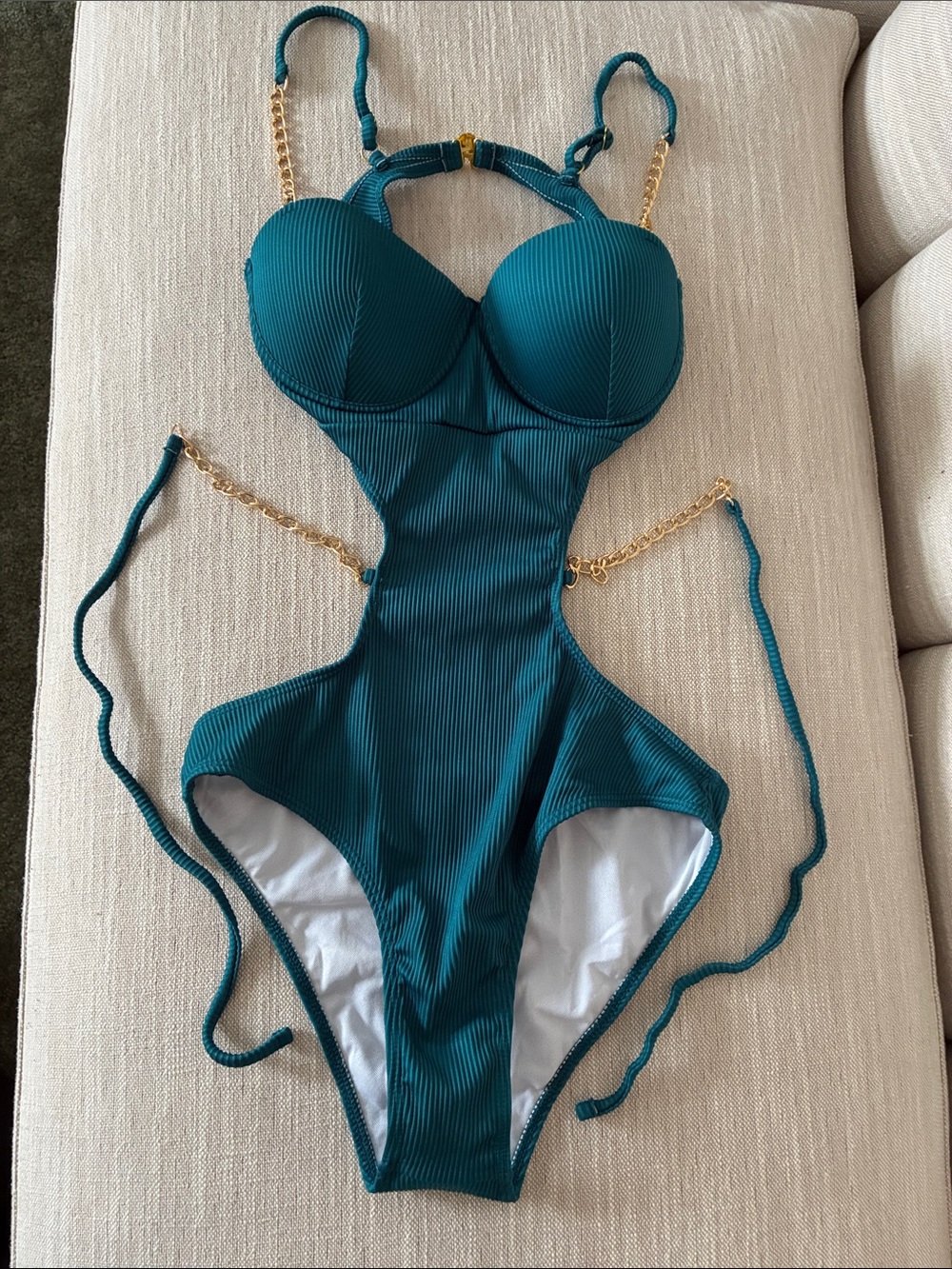 One-Piece Teal Ribbed Swimsuit with Gold Chain Details Size S